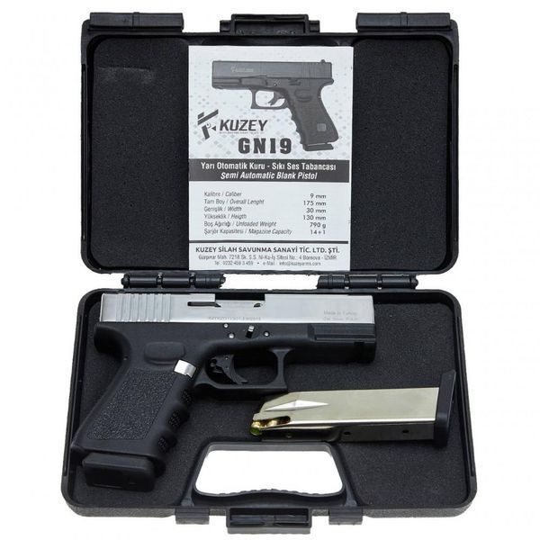 Стартовый пистолет Glock 17, KUZEY GN-19#1 Shiny Chrome Plating/Black Grips, Сигнальный пистолет под холостой патрон 9мм, Шумовой GN-19#1 фото