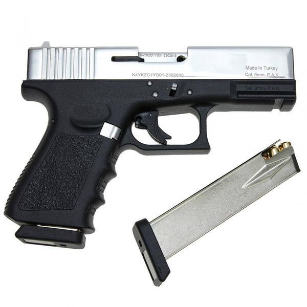 Стартовый пистолет Glock 17, KUZEY GN-19#1 Shiny Chrome Plating/Black Grips, Сигнальный пистолет под холостой патрон 9мм, Шумовой GN-19#1 фото