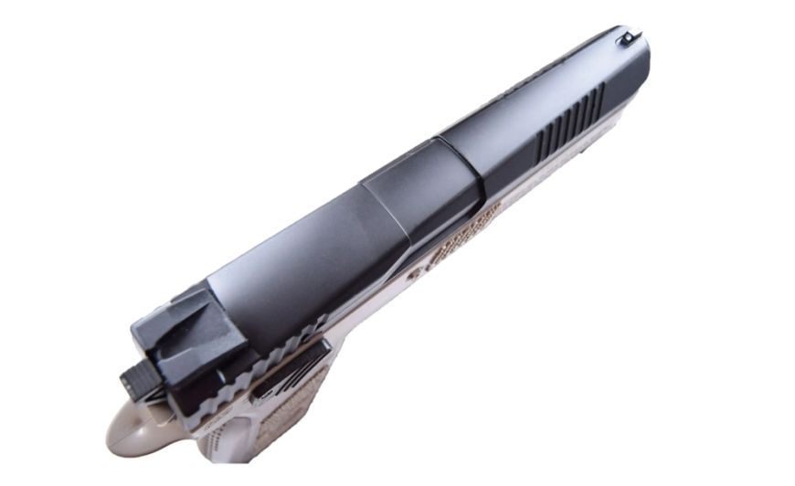 Пістолет пневматичний ASG CZ P-09 Black/FDE Blowback CO2. Pellet кал. 4.5 мм, крупний план