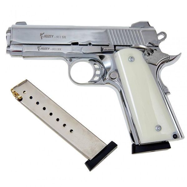 Стартовый пистолет Colt 1911, KUZEY 911-SX#3 Shiny Chrome Plating/White Grips, Сигнальный пистолет под холостой патрон 9мм, Шумовый 911-SX#3 фото