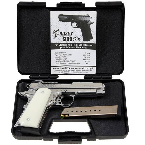 Стартовый пистолет Colt 1911, KUZEY 911-SX#3 Shiny Chrome Plating/White Grips, Сигнальный пистолет под холостой патрон 9мм, Шумовый 911-SX#3 фото