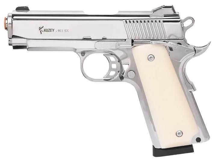 Стартовый пистолет Colt 1911, KUZEY 911-SX#3 Shiny Chrome Plating/White Grips, Сигнальный пистолет под холостой патрон 9мм, Шумовый 911-SX#3 фото