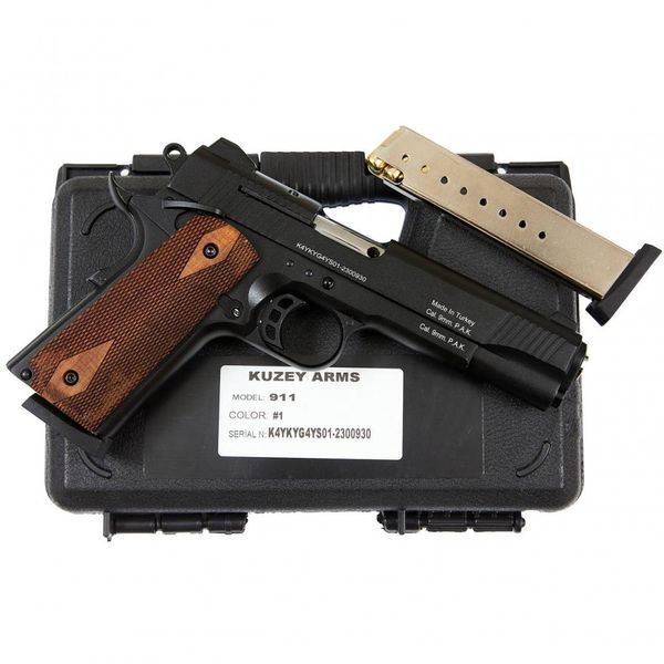Стартовий пістолет Colt 1911, KUZEY 911#1 Black/Brown Wooden Grips, Сигнальний пістолет під холостий патрон 9мм, Шумовий 911#1 фото
