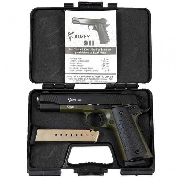 Стартовый пистолет Colt 1911, KUZEY 911#2 Black/Green Grips, Сигнальный пистолет под холостой патрон 9мм, Шумовой KUZEY 911#2 фото