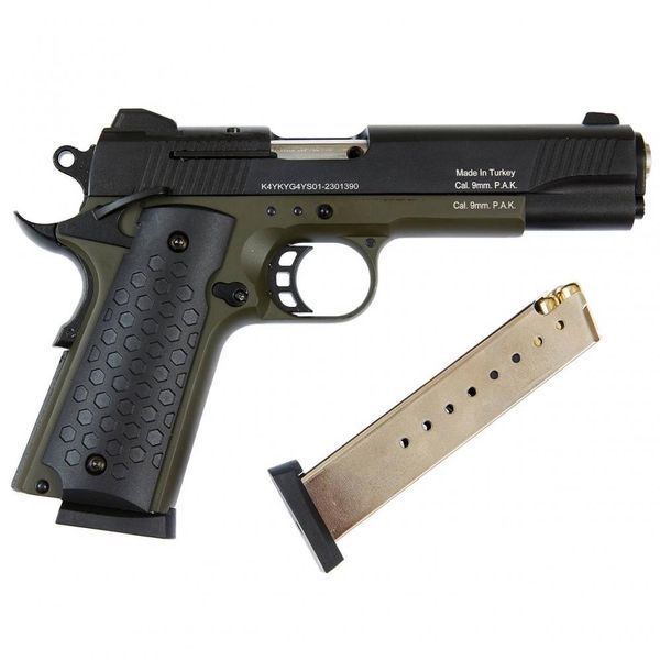 Стартовый пистолет Colt 1911, KUZEY 911#2 Black/Green Grips, Сигнальный пистолет под холостой патрон 9мм, Шумовой KUZEY 911#2 фото
