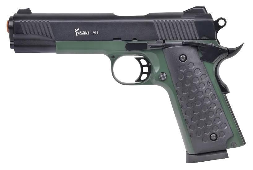 Стартовый пистолет Colt 1911, KUZEY 911#2 Black/Green Grips, Сигнальный пистолет под холостой патрон 9мм, Шумовой KUZEY 911#2 фото