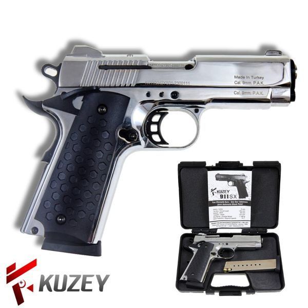 Стартовий пістолет Colt 1911, KUZEY 911-SX#1 Matte Chrome Plating/Black Grips, Сигнальний пістолет під холостий патрон 9мм, Шумовий 911-SX#1 фото