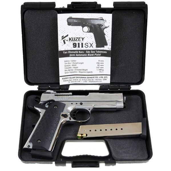 Стартовий пістолет Colt 1911, KUZEY 911-SX#1 Matte Chrome Plating/Black Grips, Сигнальний пістолет під холостий патрон 9мм, Шумовий 911-SX#1 фото