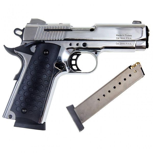 Стартовий пістолет Colt 1911, KUZEY 911-SX#1 Matte Chrome Plating/Black Grips, Сигнальний пістолет під холостий патрон 9мм, Шумовий 911-SX#1 фото